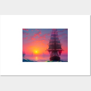 Sailing ship at sunset Posters and Art